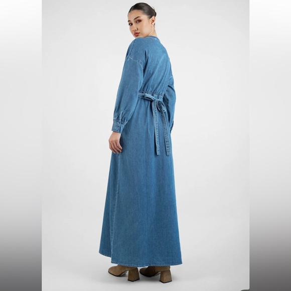 FARES Blue Wash Soft Stretchy Long Sleeve Waist Tie Denim Maxi Dress - Picture 2 of 9